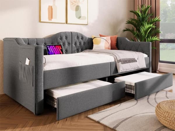 Stoppad säng Dagbädd Bäddsoffa Förvaringssäng Sängram med laddningsfunktion USB typ C och 2 lådor (utan madrass)