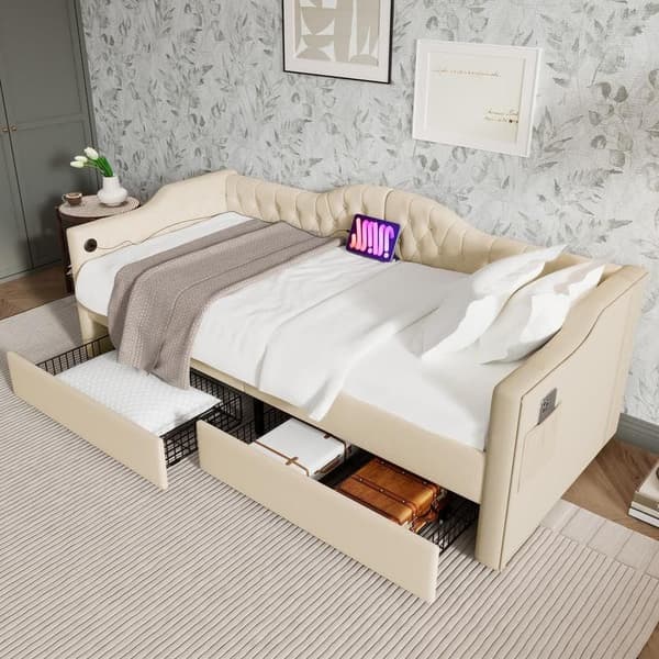 Stoppad säng Dagbädd Bäddsoffa Förvaringssäng Sängram med laddningsfunktion USB typ C och 2 lådor (utan madrass)