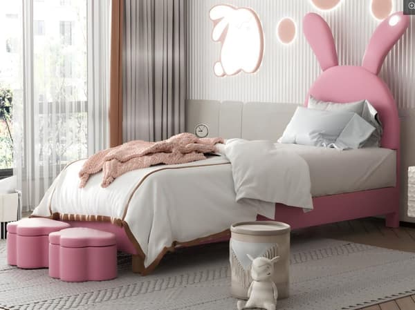 med två förvaringsstolar, LED-belysning vid sängkanten, utfällbara kaninöron, utan madrass, ungdomssäng, lamellram Rosa 90x200cm
