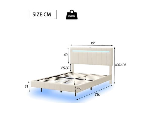 Linned dobbeltseng - 140x200cm - Flydende seng med LED-belysning og USB-opladningsporte - beige