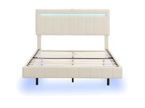 Linned dobbeltseng - 140x200cm - Flydende seng med LED-belysning og USB-opladningsporte - beige