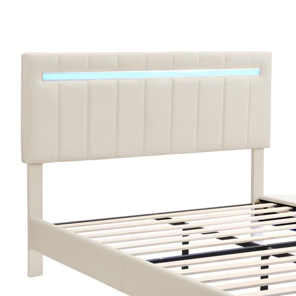 Linned dobbeltseng - 140x200cm - Flydende seng med LED-belysning og USB-opladningsporte - beige