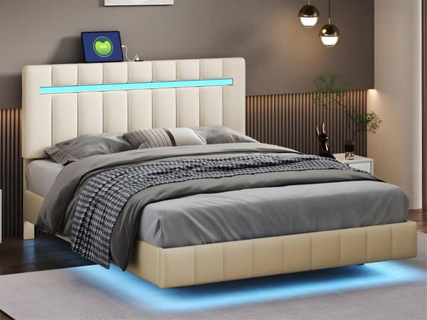 Linned dobbeltseng - 140x200cm - Flydende seng med LED-belysning og USB-opladningsporte - beige