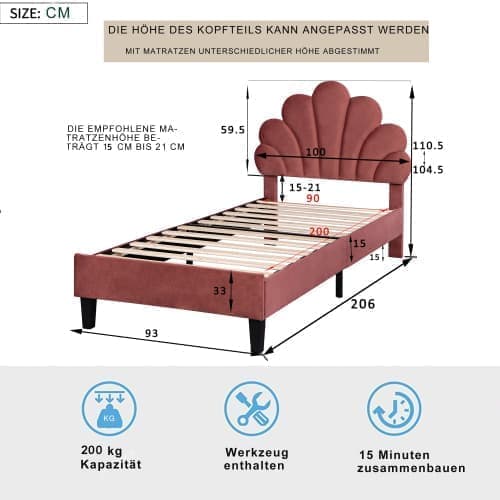 Polstret seng Sengeramme til børn med blomsterformet hovedgærde og lamelramme, Teen Girl Bed Velvet Fabric