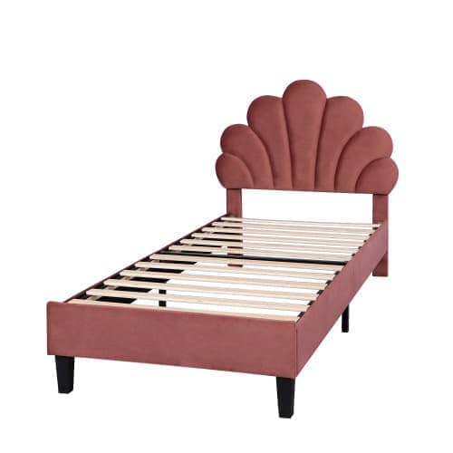 Polstret seng Sengeramme til børn med blomsterformet hovedgærde og lamelramme, Teen Girl Bed Velvet Fabric