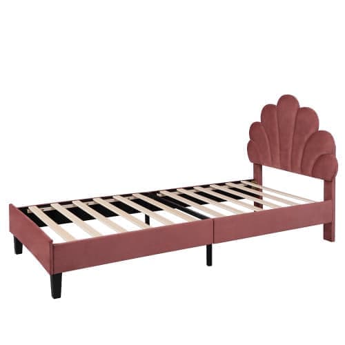 Polstret seng Sengeramme til børn med blomsterformet hovedgærde og lamelramme, Teen Girl Bed Velvet Fabric