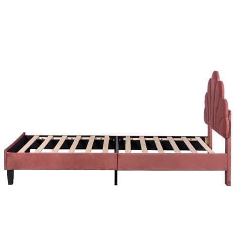 Polstret seng Sengeramme til børn med blomsterformet hovedgærde og lamelramme, Teen Girl Bed Velvet Fabric