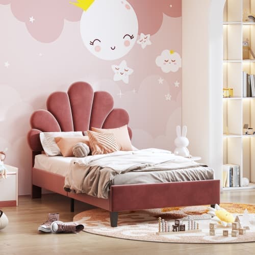 Polstret seng Sengeramme til børn med blomsterformet hovedgærde og lamelramme, Teen Girl Bed Velvet Fabric