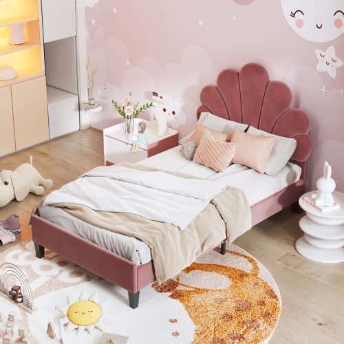 Polstret seng Sengeramme til børn med blomsterformet hovedgærde og lamelramme, Teen Girl Bed Velvet Fabric