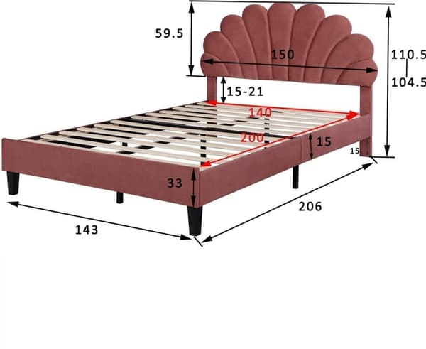 Polstret seng Sengeramme til børn med blomsterformet hovedgærde og lamelramme, Teen Girl Bed Velvet Fabric