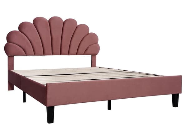 Polstret seng Sengeramme til børn med blomsterformet hovedgærde og lamelramme, Teen Girl Bed Velvet Fabric