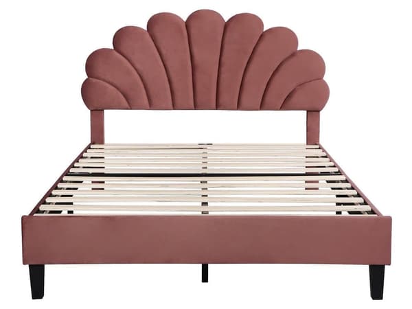 Polstret seng Sengeramme til børn med blomsterformet hovedgærde og lamelramme, Teen Girl Bed Velvet Fabric