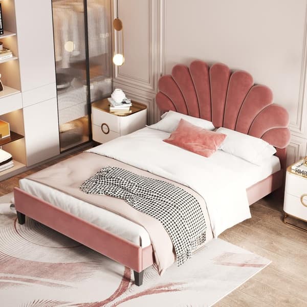 Polstret seng Sengeramme til børn med blomsterformet hovedgærde og lamelramme, Teen Girl Bed Velvet Fabric