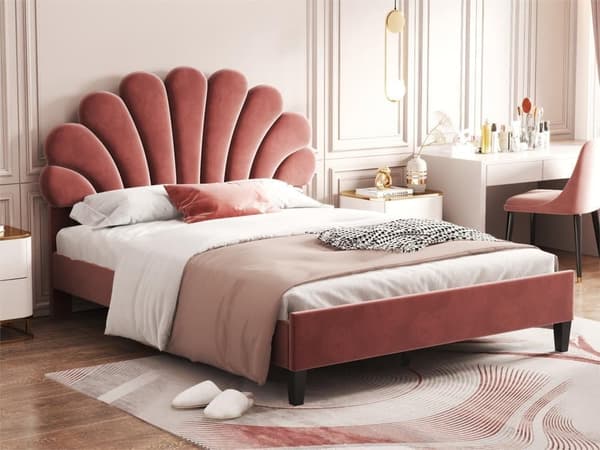 Polstret seng Sengeramme til børn med blomsterformet hovedgærde og lamelramme, Teen Girl Bed Velvet Fabric