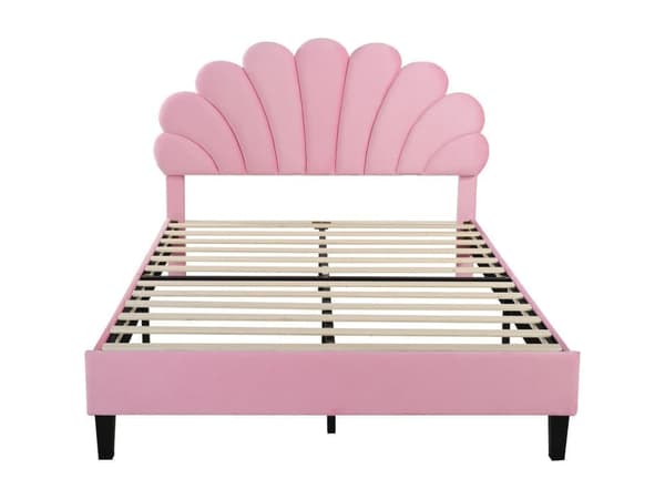 Polstret seng Sengeramme til børn med blomsterformet hovedgærde og lamelramme, Teen Girl Bed Velvet Fabric
