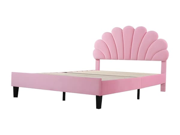 Polstret seng Sengeramme til børn med blomsterformet hovedgærde og lamelramme, Teen Girl Bed Velvet Fabric