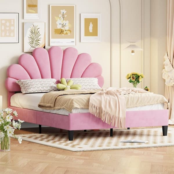 Polstret seng Sengeramme til børn med blomsterformet hovedgærde og lamelramme, Teen Girl Bed Velvet Fabric