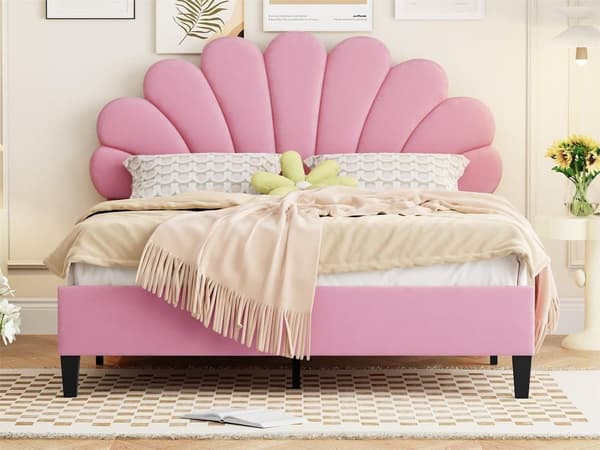 Polstret seng Sengeramme til børn med blomsterformet hovedgærde og lamelramme, Teen Girl Bed Velvet Fabric