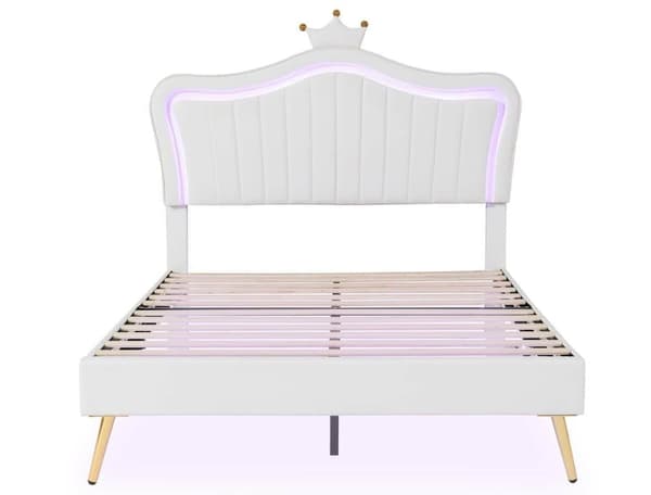 Stoppad barnsäng, sängstomme för flickor, white crown dubbelsängstomme i PU-läder med LED-lampor (madrass ingår ej)