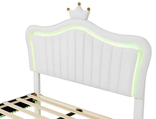 Stoppad barnsäng, sängstomme för flickor, white crown dubbelsängstomme i PU-läder med LED-lampor (madrass ingår ej)