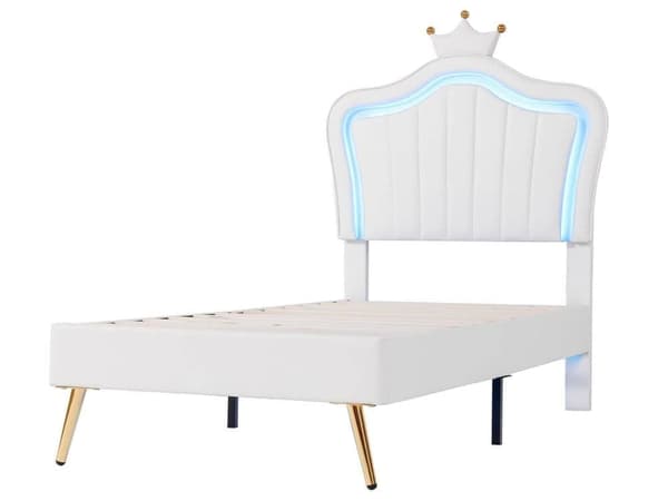 Stoppad barnsäng, sängstomme för flickor, white crown dubbelsängstomme i PU-läder med LED-lampor (madrass ingår ej)