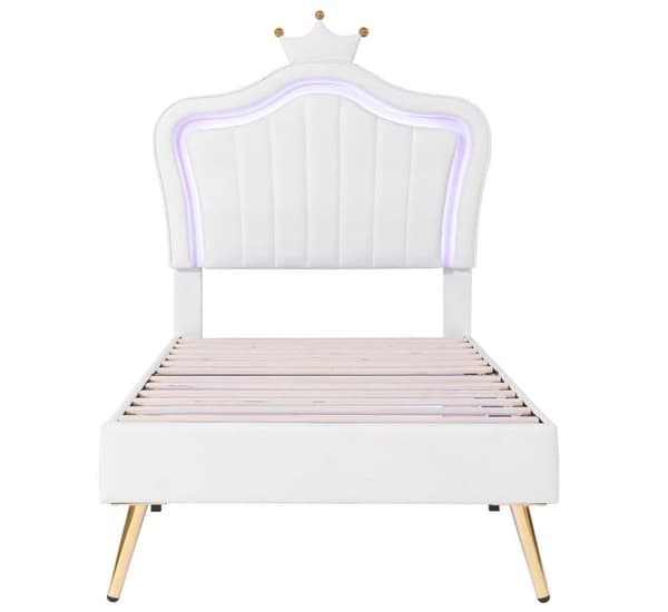 Stoppad barnsäng, sängstomme för flickor, white crown dubbelsängstomme i PU-läder med LED-lampor (madrass ingår ej)