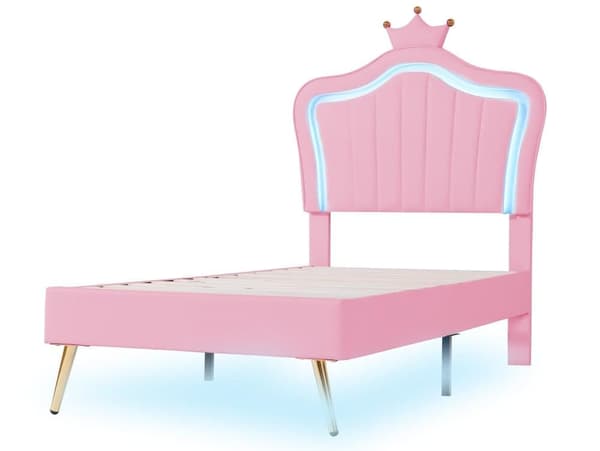 Stoppad barnsäng, sängstomme för flickor, white crown dubbelsängstomme i PU-läder med LED-lampor (madrass ingår ej)