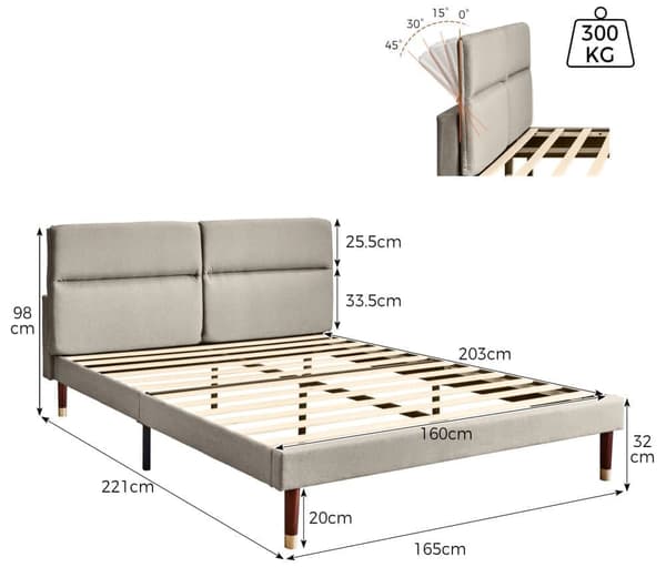 Dobbeltseng 160x200cm i hør med justerbart hovedgærde og elastikbund - Grå