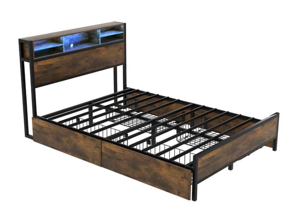 LED-Bett mit USB-Ladeanschluss, Juniorbett mit 4 Schubladen für Erwachsene und Junioren, Staufunktion, Metall, Braun