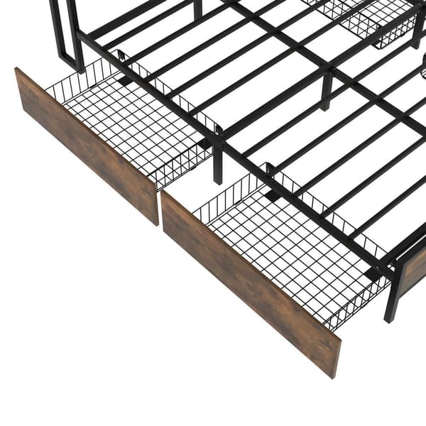 LED-Bett mit USB-Ladeanschluss, Juniorbett mit 4 Schubladen für Erwachsene und Junioren, Staufunktion, Metall, Braun