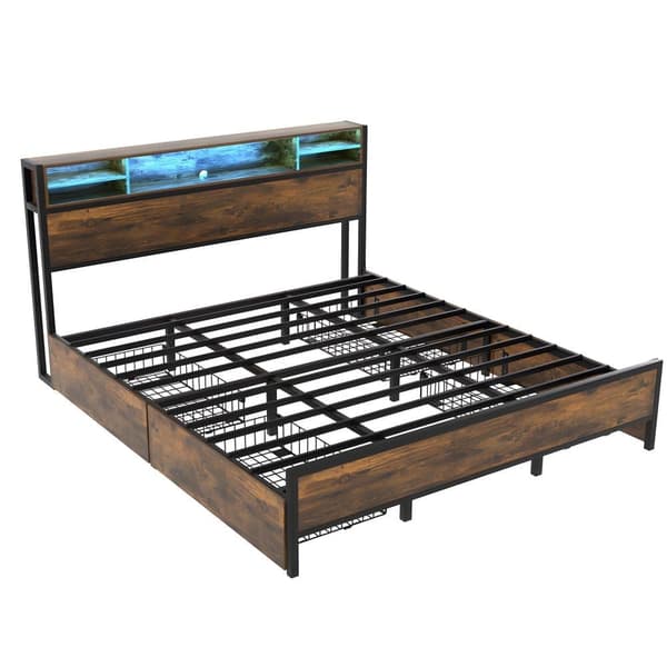 LED-Bett mit USB-Ladeanschluss, Juniorbett mit 4 Schubladen für Erwachsene und Junioren, Staufunktion, Metall, Braun