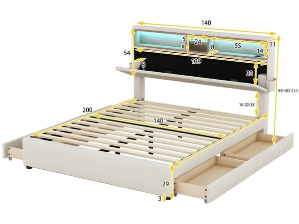 Dobbeltseng, opbevaringsplads, hovedgærde, seng med USB-opladning og LED-belysning, funktionel seng med fire skuffer140 x 200 cm