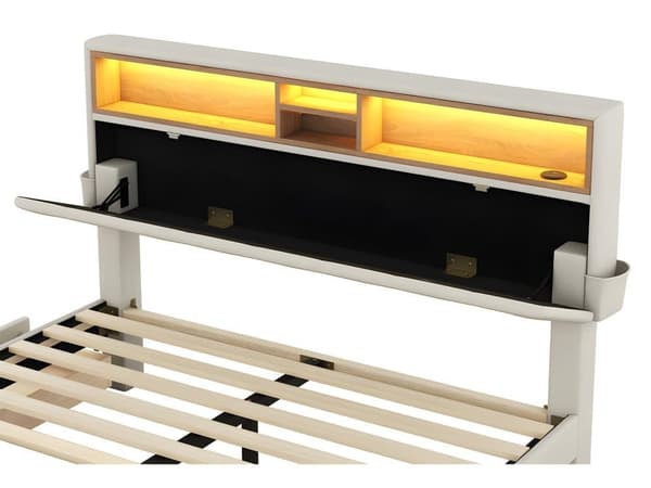 Dobbeltseng, opbevaringsplads, hovedgærde, seng med USB-opladning og LED-belysning, funktionel seng med fire skuffer140 x 200 cm