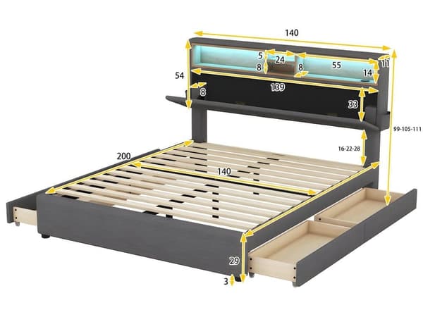 Dobbeltseng, opbevaringsplads, hovedgærde, seng med USB-opladning og LED-belysning, funktionel seng med fire skuffer140 x 200 cm
