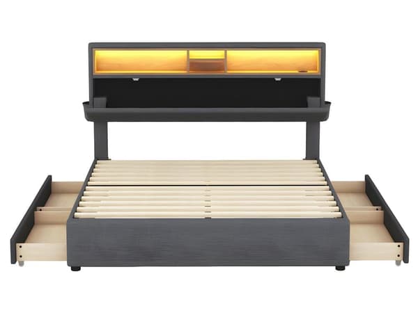 Dobbeltseng, opbevaringsplads, hovedgærde, seng med USB-opladning og LED-belysning, funktionel seng med fire skuffer140 x 200 cm
