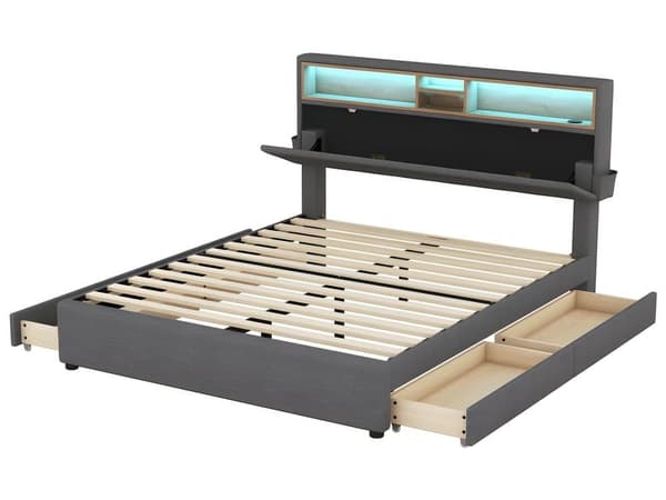 Dobbeltseng, opbevaringsplads, hovedgærde, seng med USB-opladning og LED-belysning, funktionel seng med fire skuffer140 x 200 cm