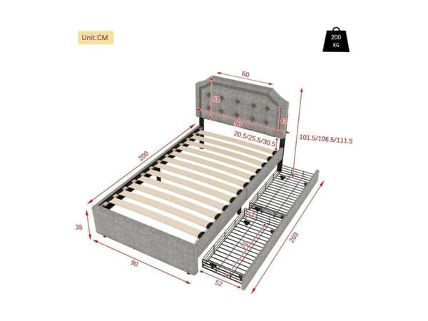 90*200cm tasosänky, pehmustettu sänky, koristeniiteillä verhoiltu yöpöytä, tuplalaatikot