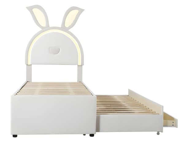 Børneseng Polstret seng 90 x 200 cm, sovesofa med udtræksseng, opbevaringsboks og farveskiftende LED-lampe