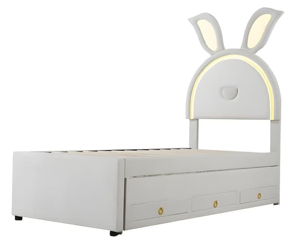 Børneseng Polstret seng 90 x 200 cm, sovesofa med udtræksseng, opbevaringsboks og farveskiftende LED-lampe