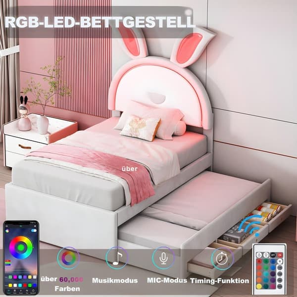 Børneseng Polstret seng 90 x 200 cm, sovesofa med udtræksseng, opbevaringsboks og farveskiftende LED-lampe