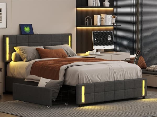 140x200cm stoppad säng med 4 lådor + LED och 2 USB-portar + bottenplatta - linnetyg - grå