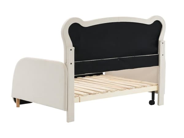 Pehmustettu lasten sänky 140x200cm samettia - Vuodesohva karhunpäädyllä ja sälepohjalla - Beige