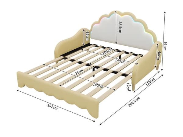 140*200cm Sofabett, umwandelbar i ein flaches Bett, Kopfteil mit Umgebungslicht, komplett mit Matratze, Fernbedienung