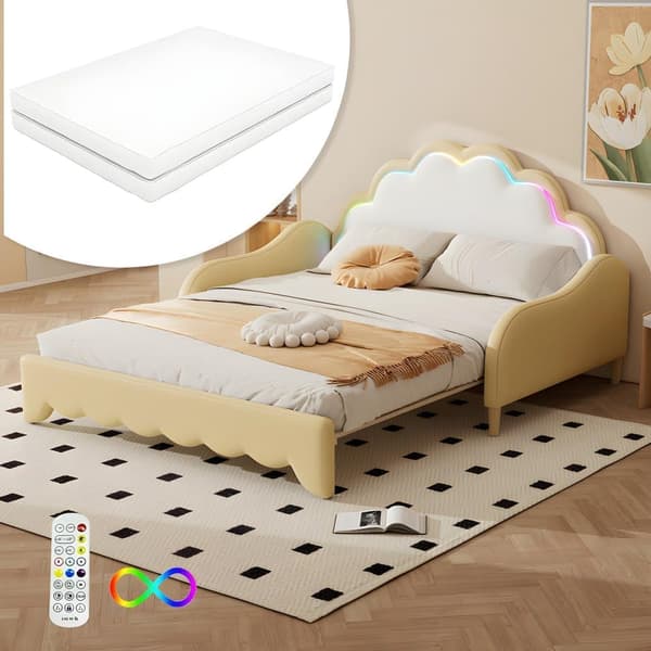 140*200cm Sofabett, umwandelbar i ein flaches Bett, Kopfteil mit Umgebungslicht, komplett mit Matratze, Fernbedienung