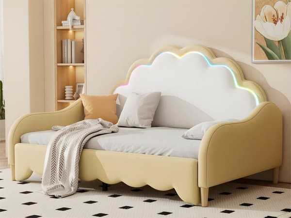140*200cm Sofabett, umwandelbar i ein flaches Bett, Kopfteil mit Umgebungslicht, komplett mit Matratze, Fernbedienung