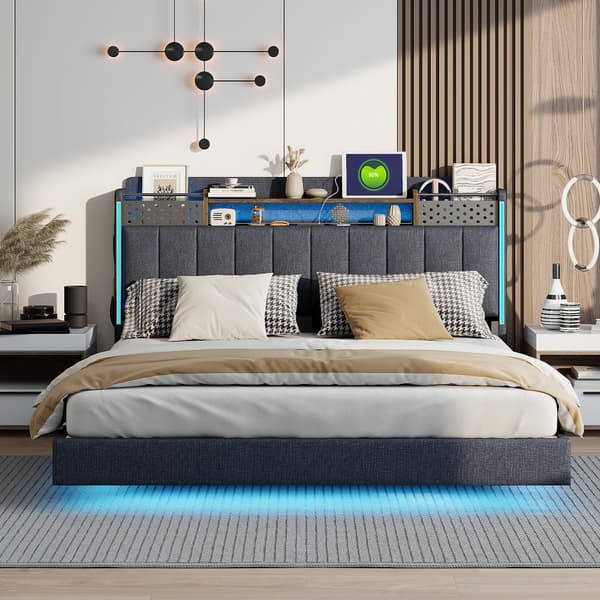 Kalustettu sänky LED-valaistuksella ja USB-pistokkeella, sängynpääty säilytystilalla, kelluva sänky, nuorisosänky, aikuisten sänky Harmaa 140*200cm