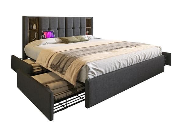 Dobbeltseng med trådløs opladning USB C & 4 skuffer, polstret seng Sengeramme 160x200cm, (uden madras)
