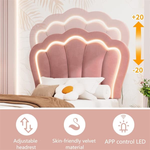 Enkelsäng i sammet - 90x200 cm - med en låda och LED APP-kontroll - Rosa