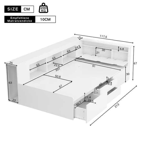 Yhden hengen vuode massiivipuusta 90x200cm - monitoimisella säilytystilalla - Valkoinen