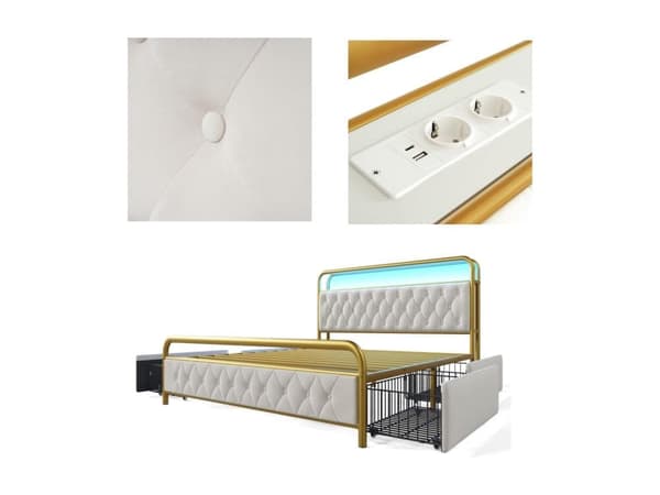 Kalustettu sänky Yhden hengen vuode latauksella USB-lataustoiminto LED-sängyn runko metallinen sängyn runko ja 2 laatikkoa, sametti (ilman patjaa)